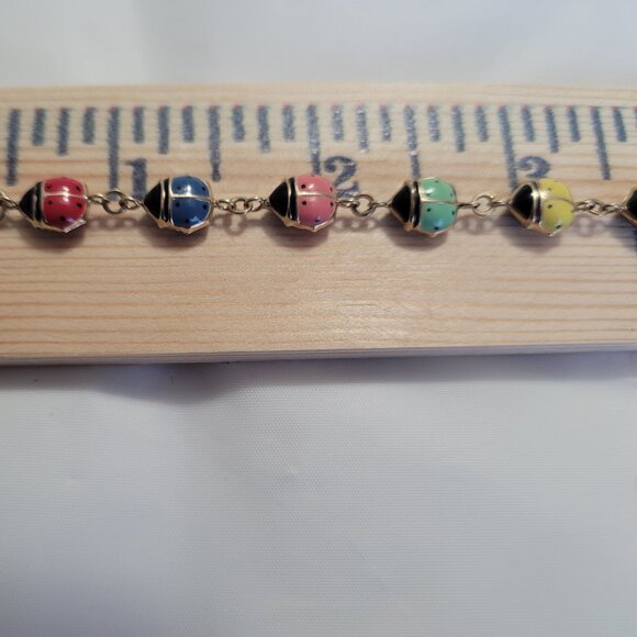 Lady Bug Multicolor Puffy Enamel Bracelet 10k Yellow Gold - Picture 9 of 13